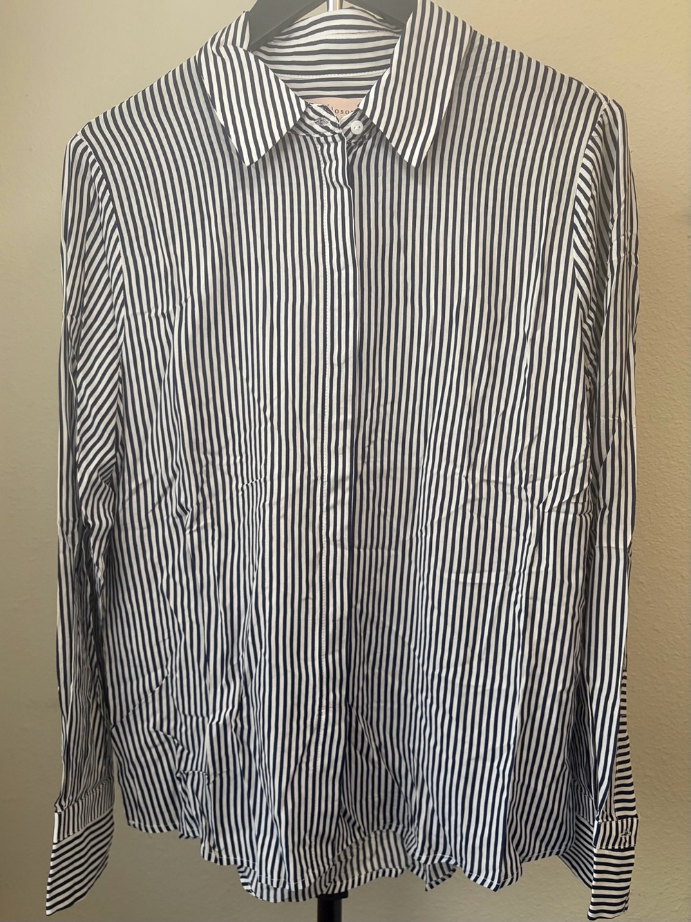 Philosophy Dark Navy Blue with White Vertical Stripes, Button-Up Shirt. - Picture 5 of 8